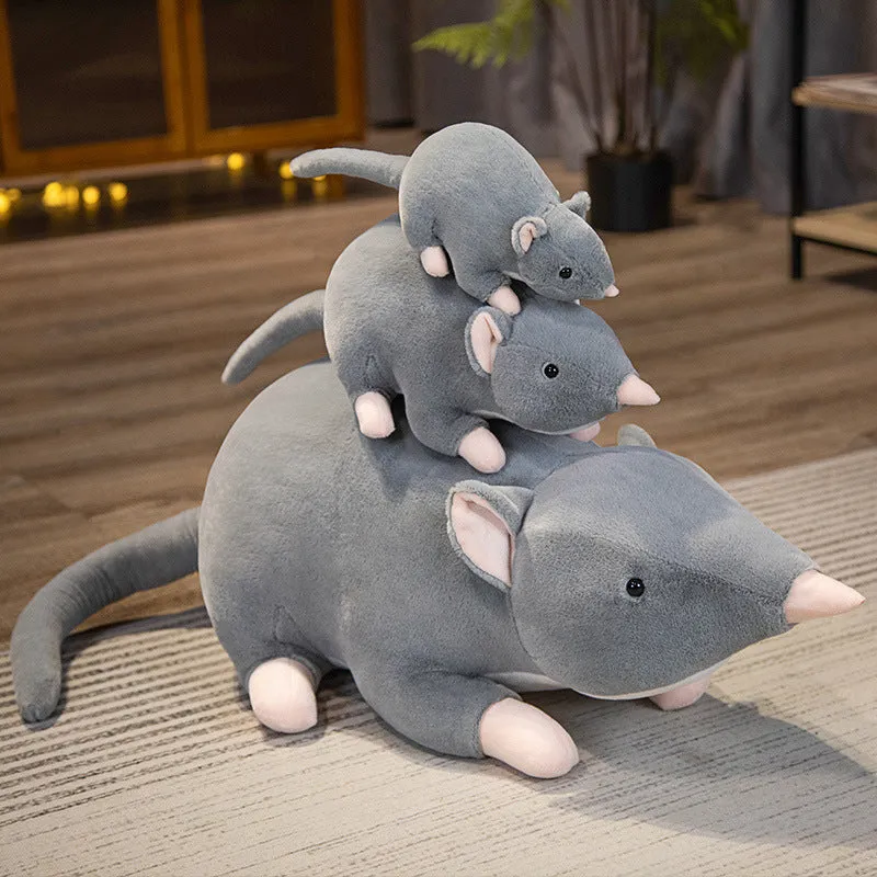 Cartoon-style grey mouse plush doll stuffed toy sitting upright, available in 32cm, 50cm, and 100cm sizes.