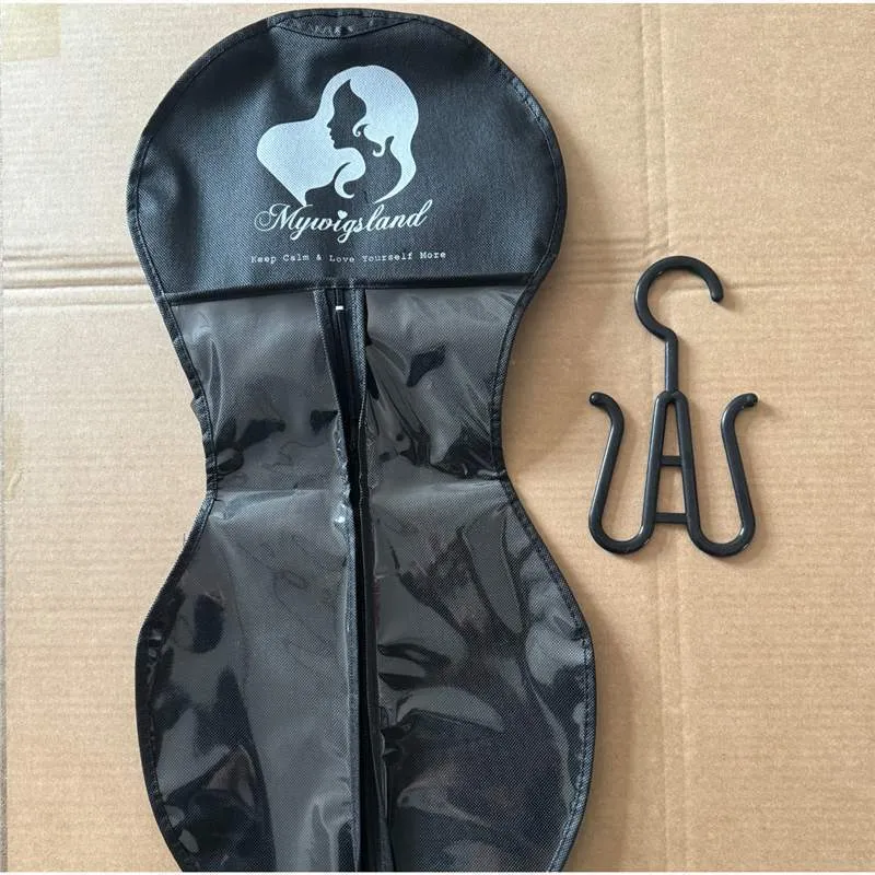 Non-woven zipper dustproof bag 29cm x 60cm for wig storage with hook, black colour