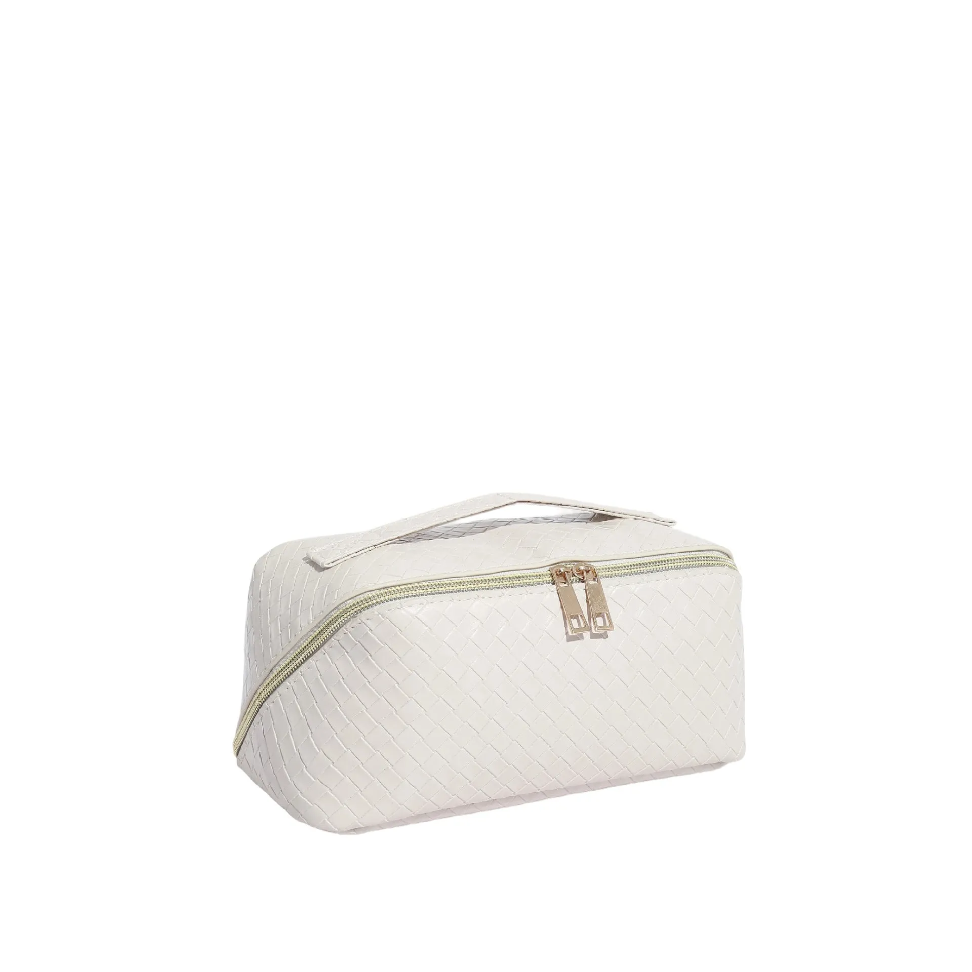 Waterproof large capacity PU storage bag in white, open showing cosmetics inside