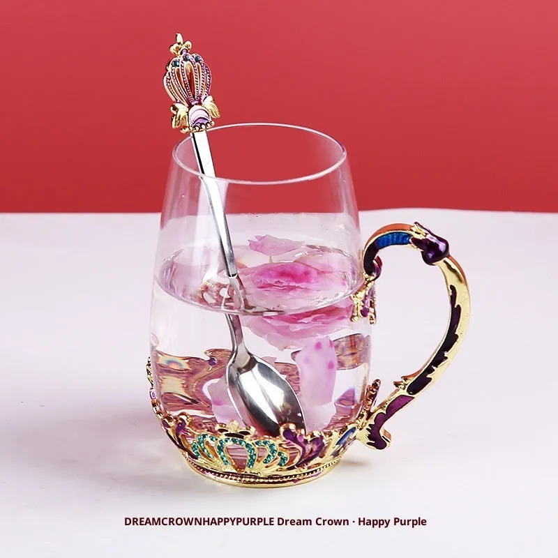 Round heat-resistant glass tea cup with enamel spoon, lid, and plate in solid colour, short cup style
