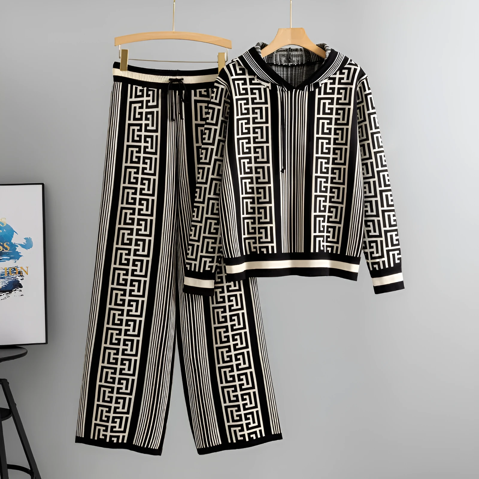 Women's casual knit two-piece set with hooded top and wide leg pants in khaki colour