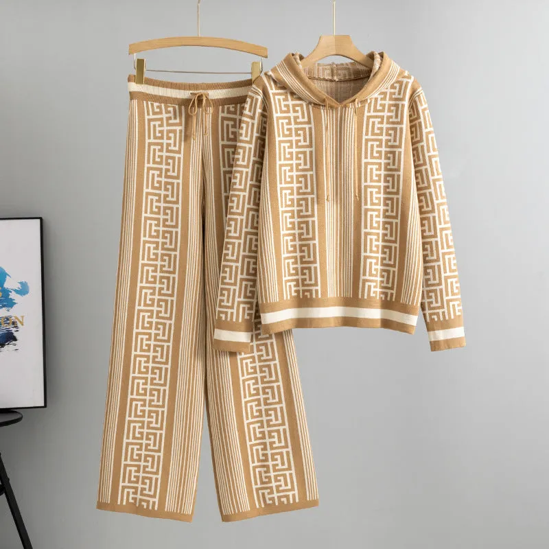 Women's casual knit two-piece set with hooded top and wide leg pants in khaki colour