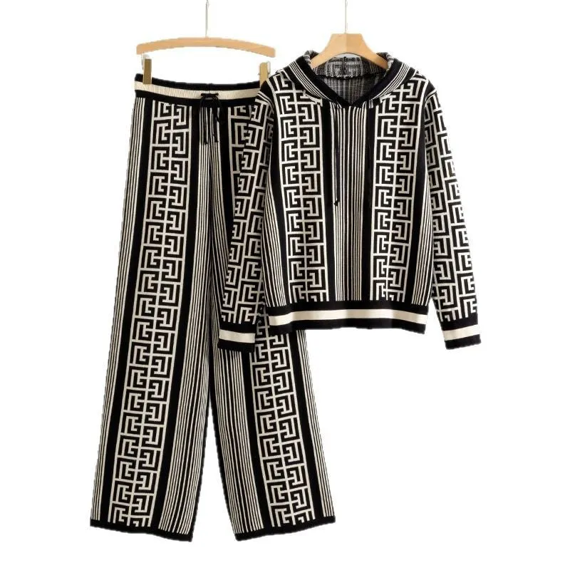 Women's casual knit two-piece set with hooded top and wide leg pants in khaki colour
