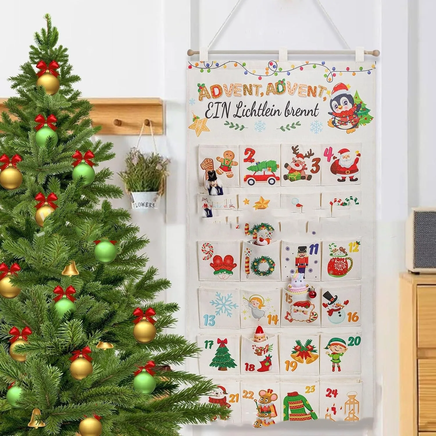 Brocade Christmas advent calendar gift bag with silk screen print, 50x100cm, Colour 01