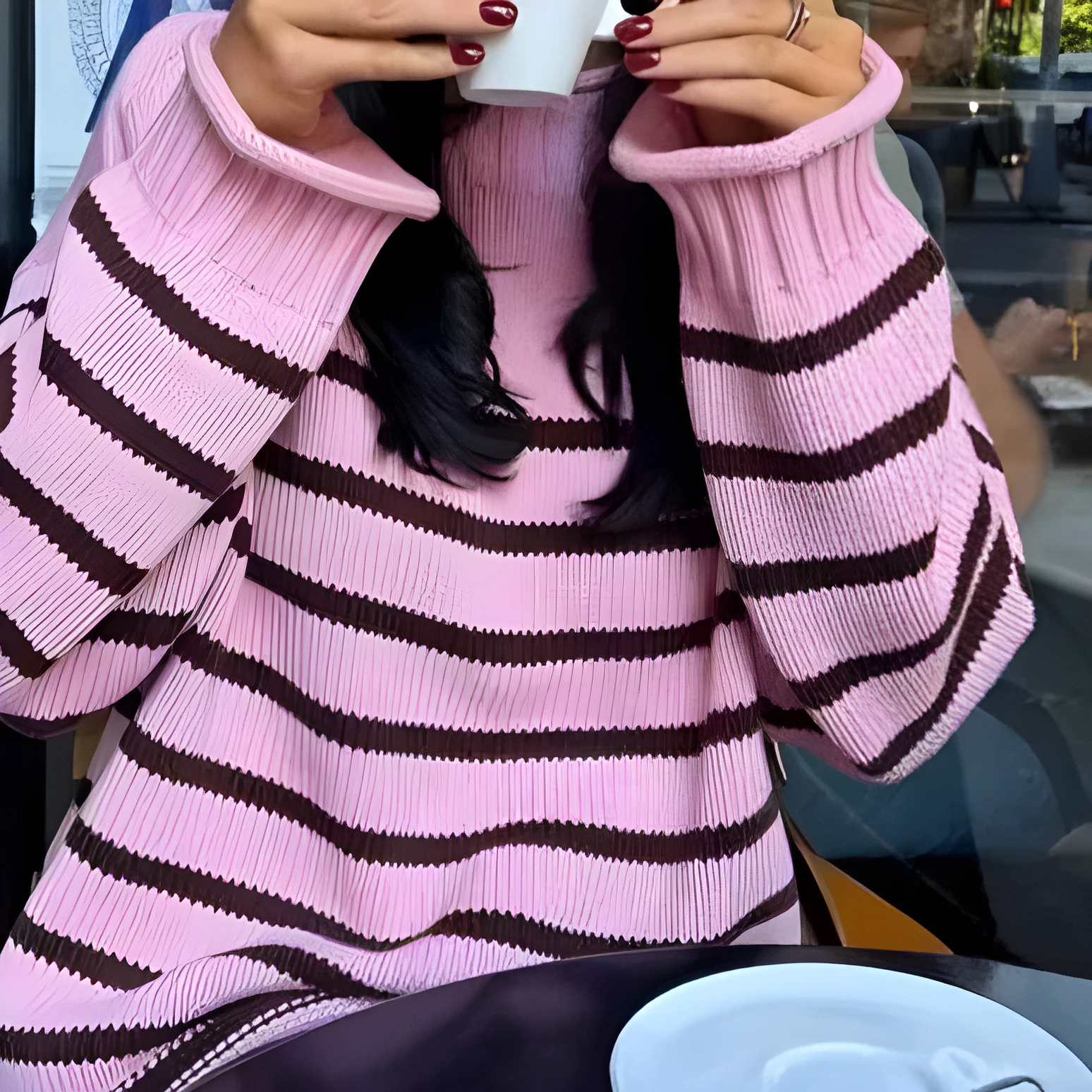 Pink stripe chenille knitted pullover with round neck and long sleeves on display