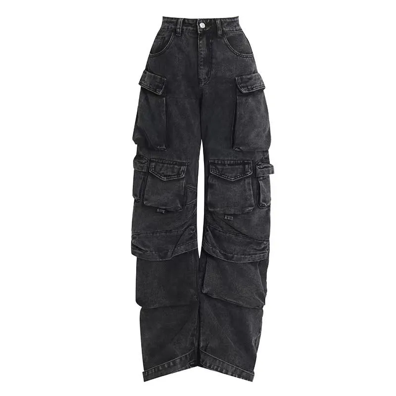 Women's tie-dyed high waist wide leg trousers with multiple pockets in denim fabric