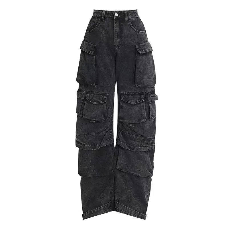 Women's tie-dyed high waist wide leg trousers with multiple pockets in denim fabric