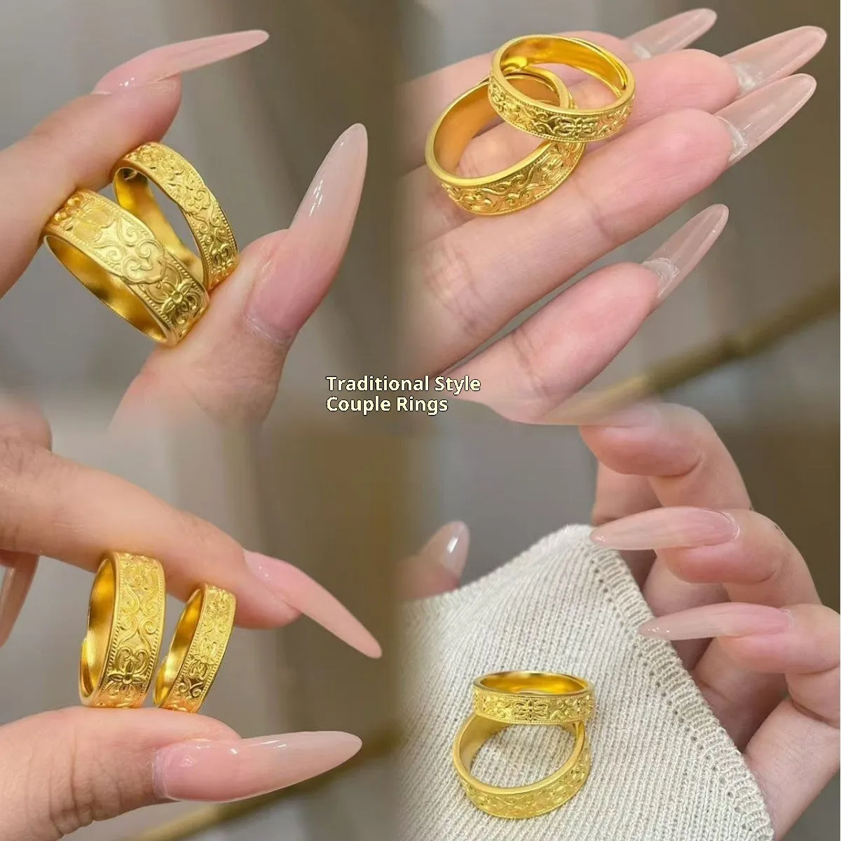 Brass Chinese lotus Double Double Happy couple ring with adjustable opening in ancient couple style for men and women