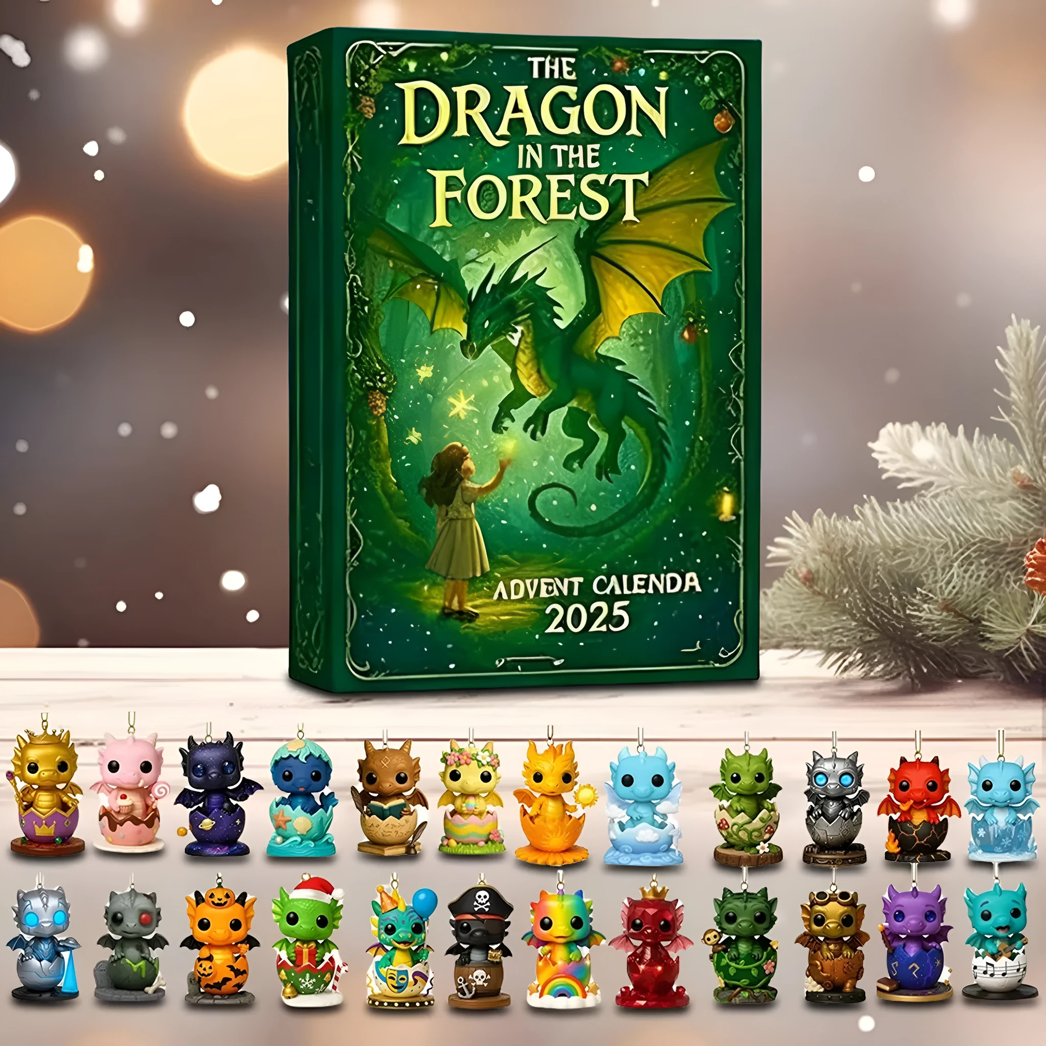 Forest Dragon advent calendar 26x18cm with printed acrylic pendants hanging on a wall