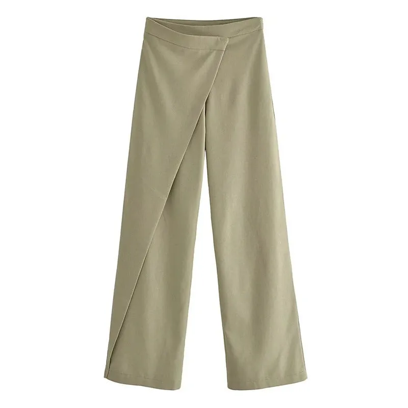 Women's casual linen blend trousers in khaki, straight leg with mid rise waist, laid flat on neutral background