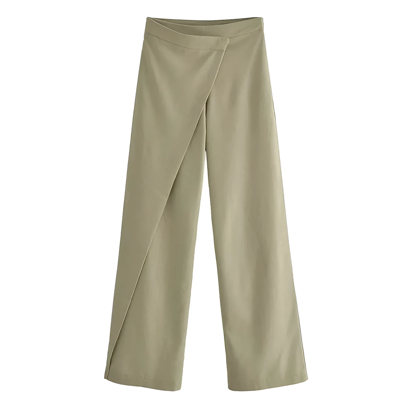 Women's casual linen blend trousers in khaki, straight leg with mid rise waist, laid flat on neutral background