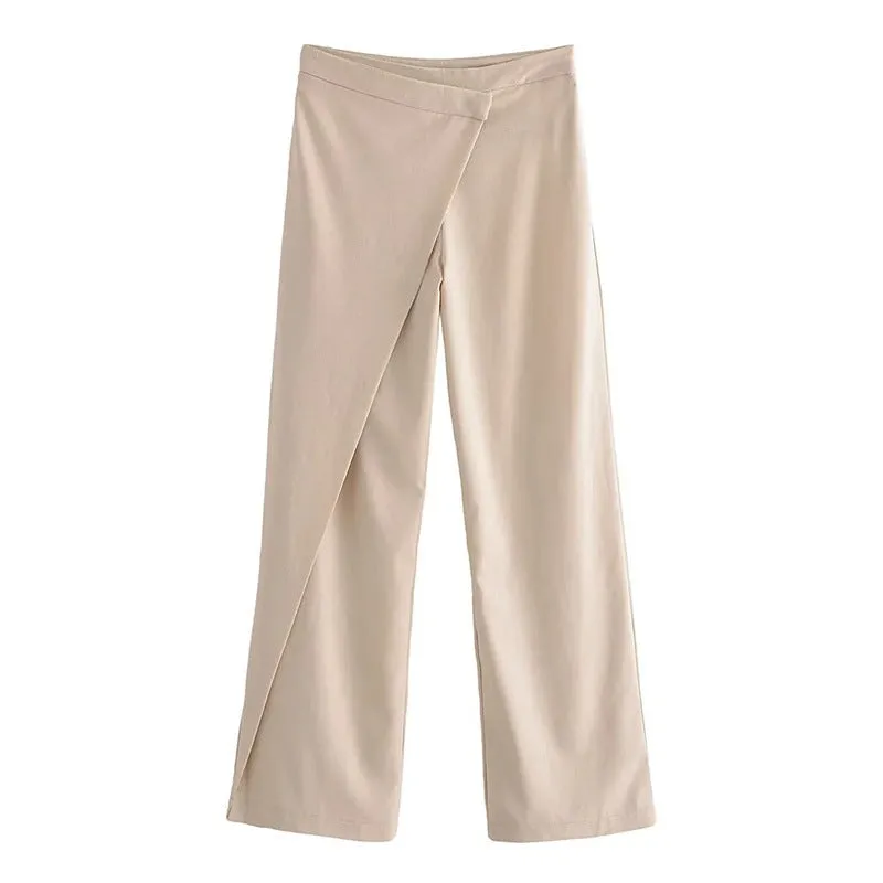 Women's casual linen blend trousers in khaki, straight leg with mid rise waist, laid flat on neutral background