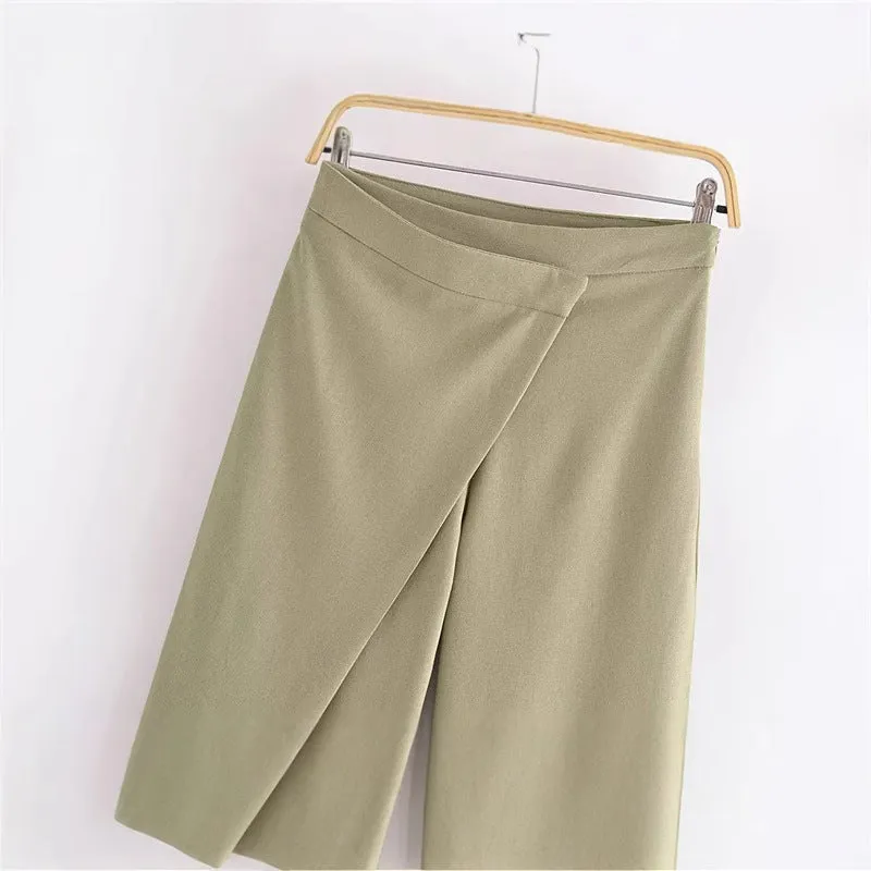 Women's casual linen blend trousers in khaki, straight leg with mid rise waist, laid flat on neutral background