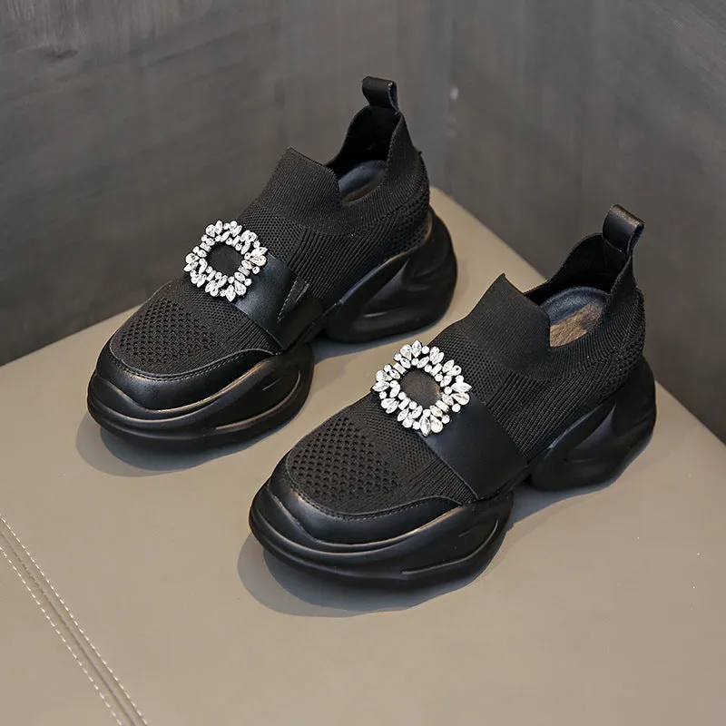 Black women's rhinestone square buckle breathable mesh baotou half slippers close-up