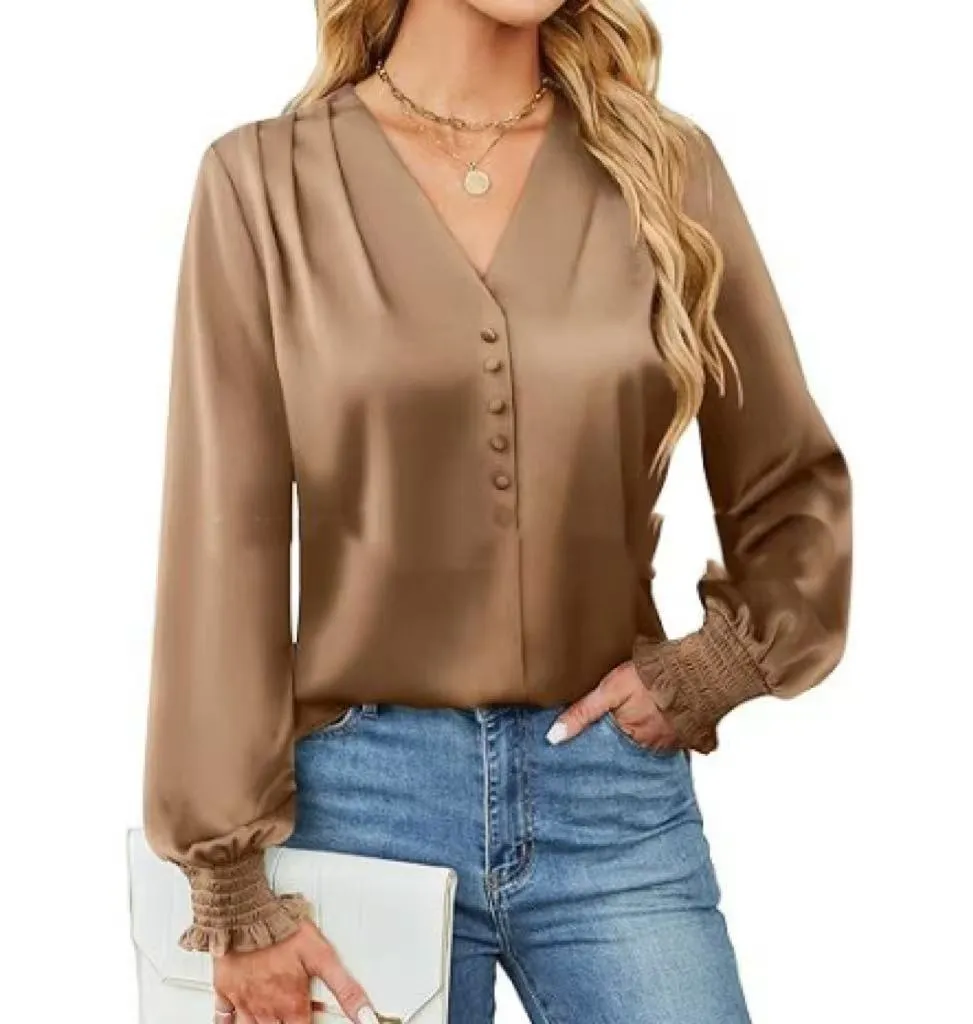 Women's loose fit V-neck long sleeve polyester pullover shirt in beige, front view