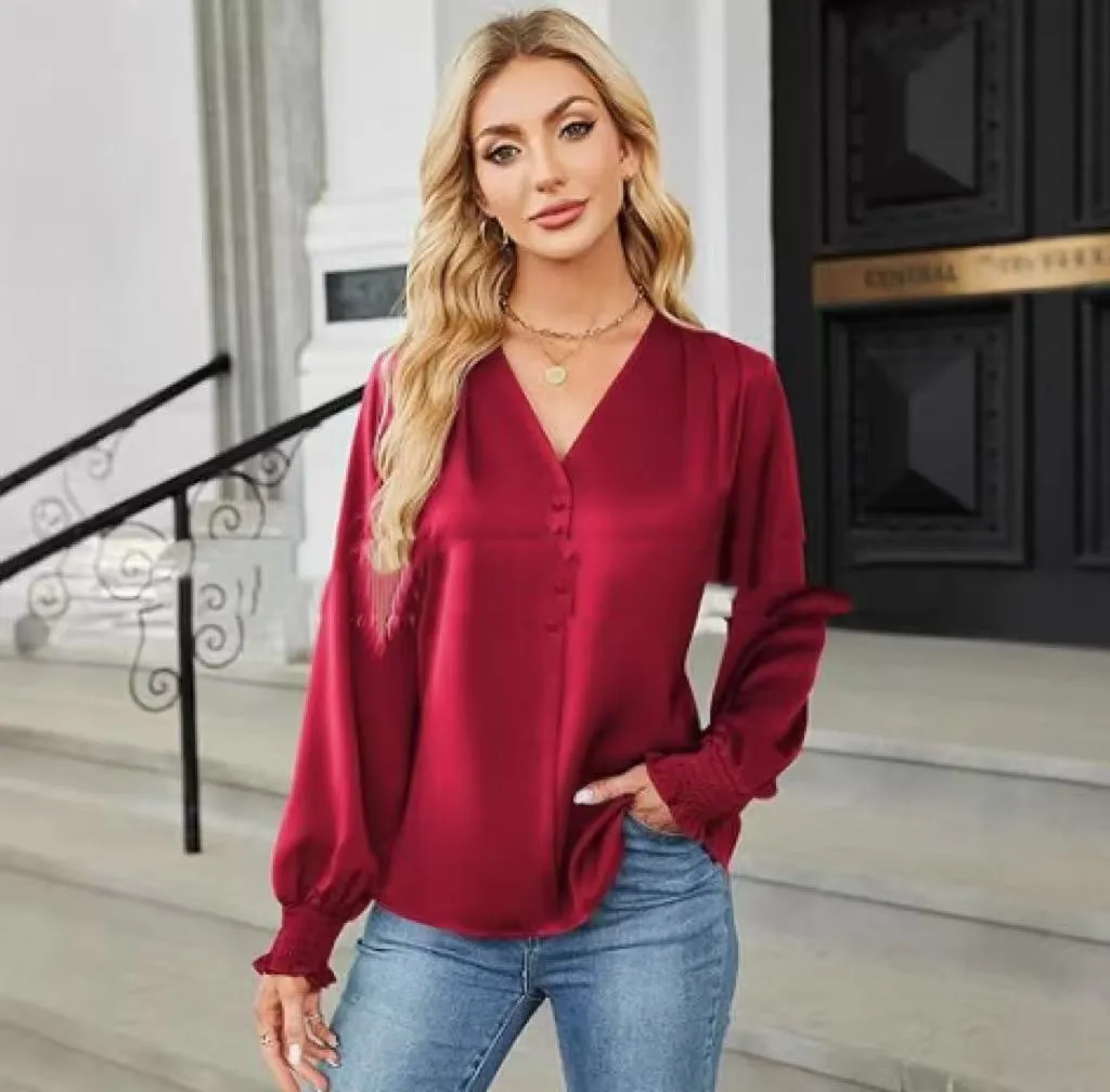 Women's loose fit V-neck long sleeve polyester pullover shirt in beige, front view