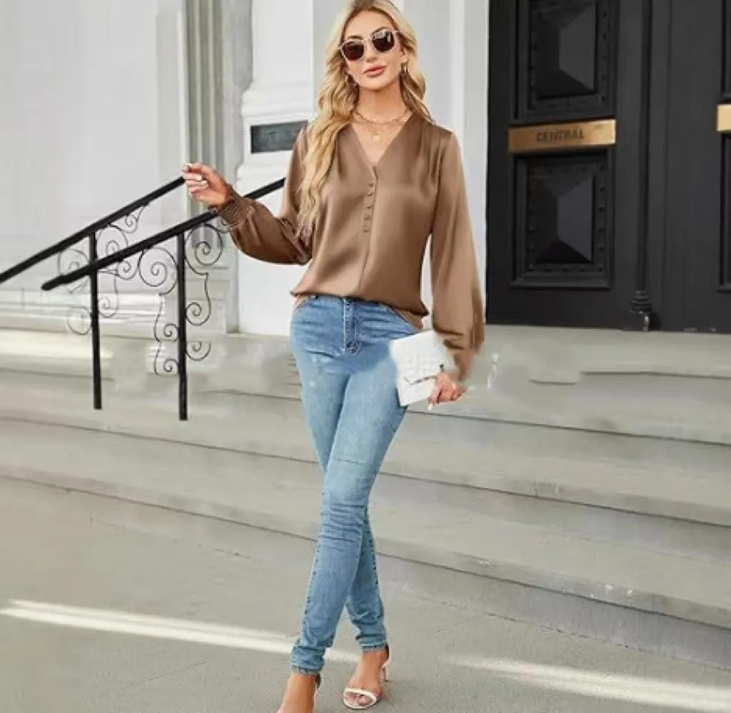 Women's loose fit V-neck long sleeve polyester pullover shirt in beige, front view