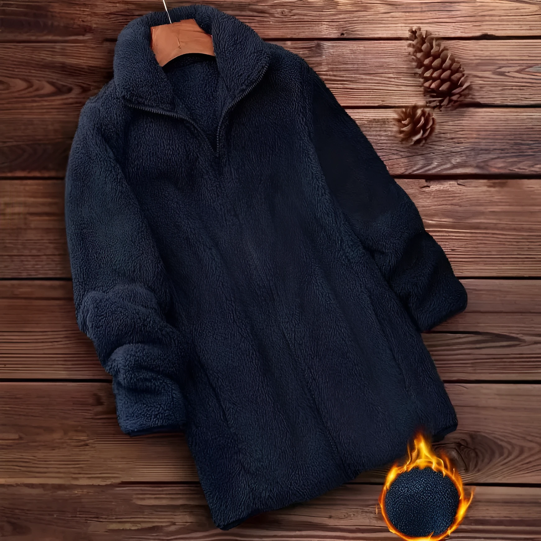 Double-sided fleece jacket in black with a velvet exterior and fleece lining.
