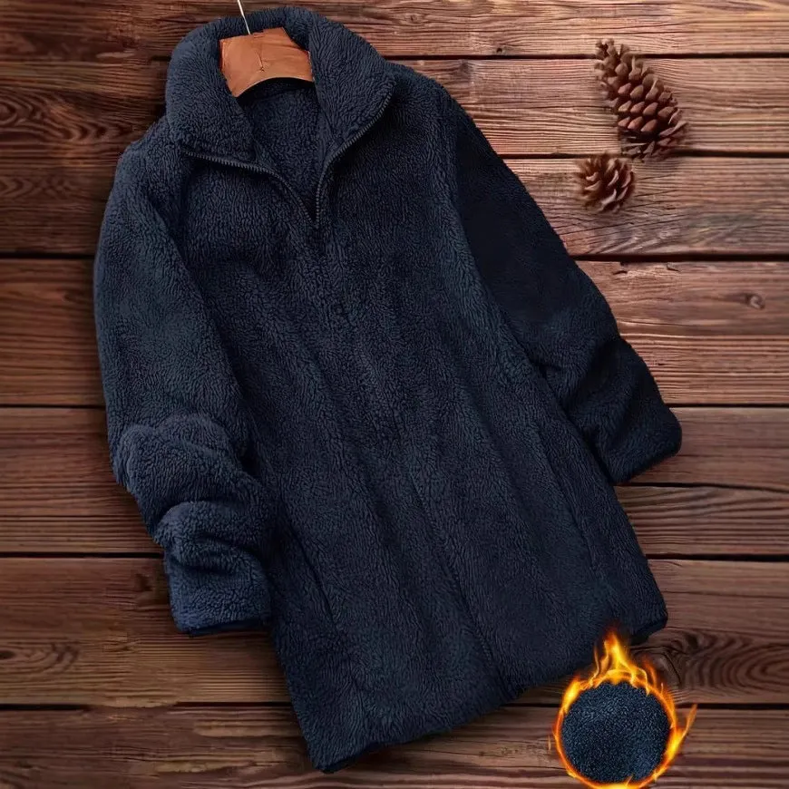 Double-sided fleece jacket in black with a velvet exterior and fleece lining.