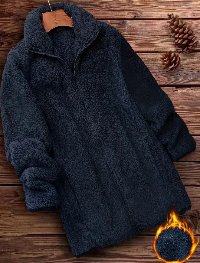 Double-sided fleece jacket in black with a velvet exterior and fleece lining.