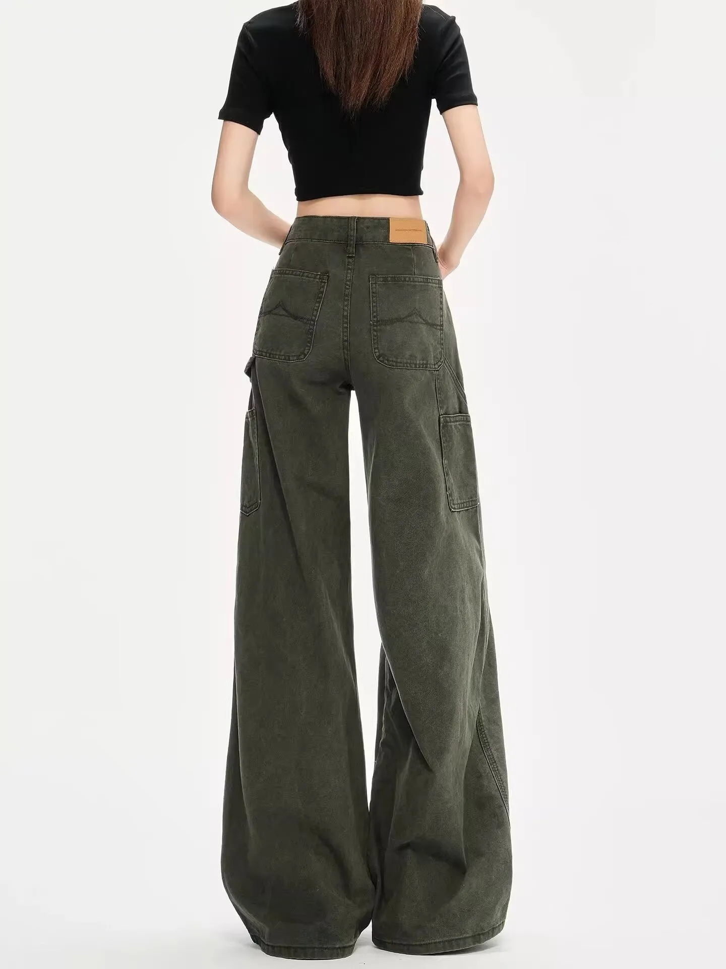 Women's Army Green denim flared overalls with loose straight-leg and ultra-low-rise waist