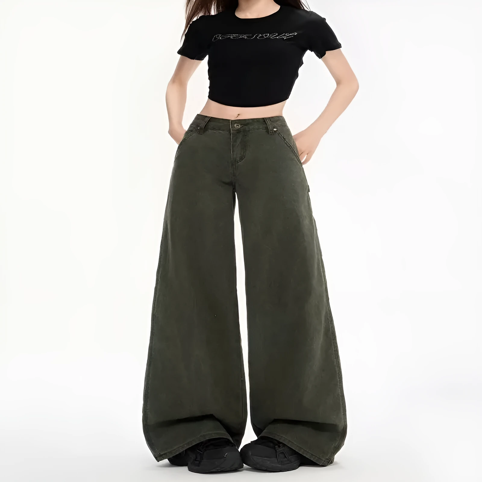 Women's Army Green denim flared overalls with loose straight-leg and ultra-low-rise waist