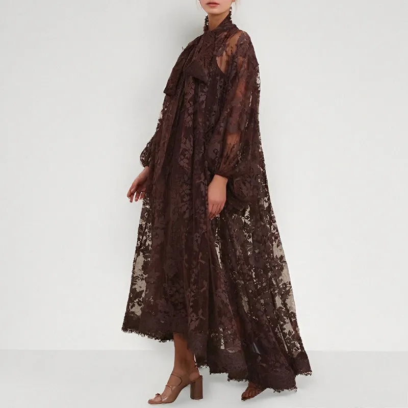 Women's hollow jacquard sling lace see-through ribbon dress, brown, with A-line skirt and lantern sleeves
