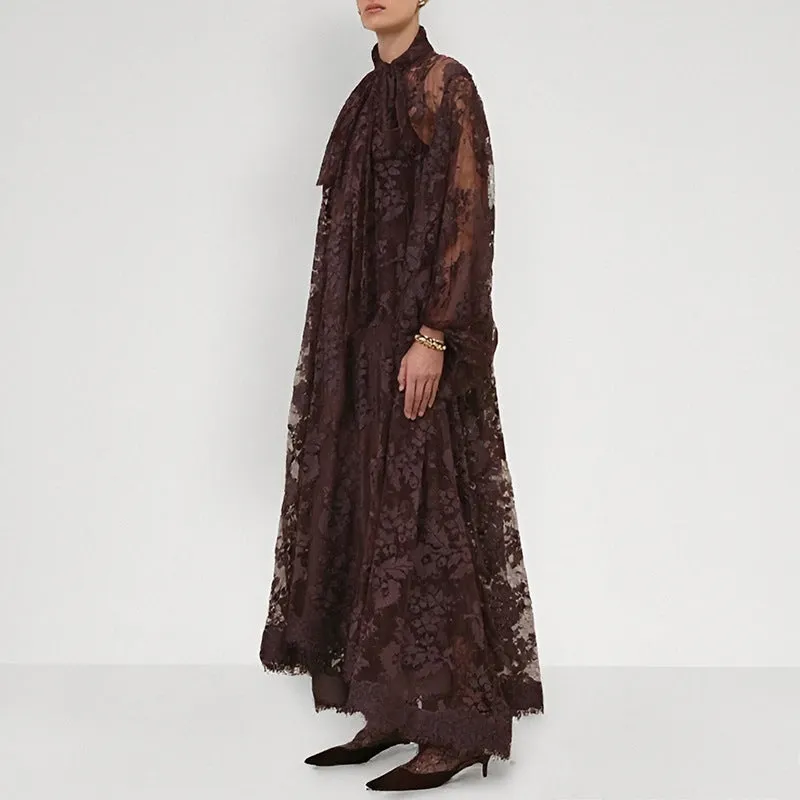 Women's hollow jacquard sling lace see-through ribbon dress, brown, with A-line skirt and lantern sleeves