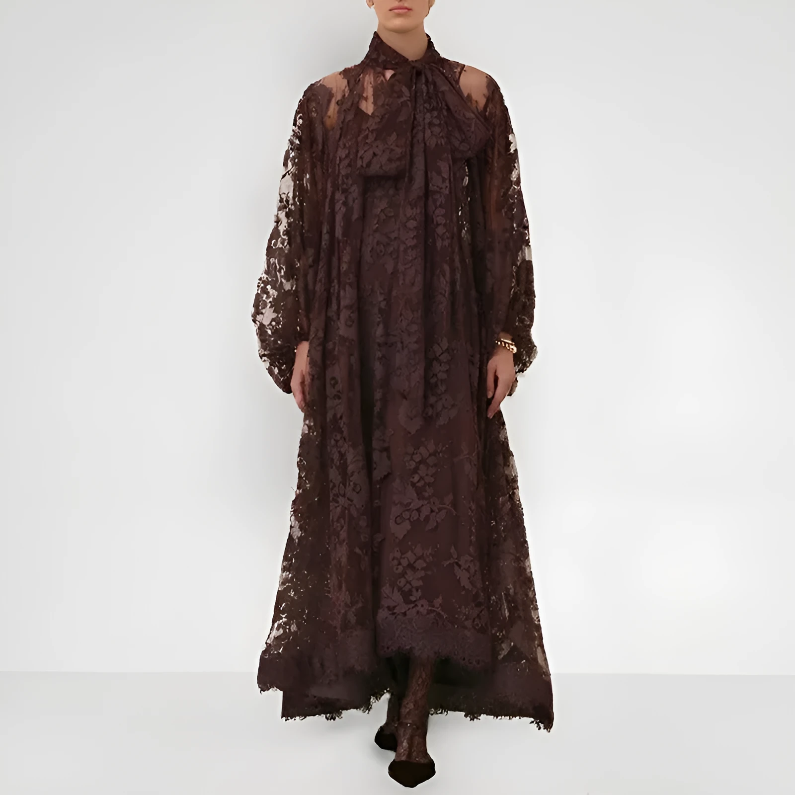 Women's hollow jacquard sling lace see-through ribbon dress, brown, with A-line skirt and lantern sleeves