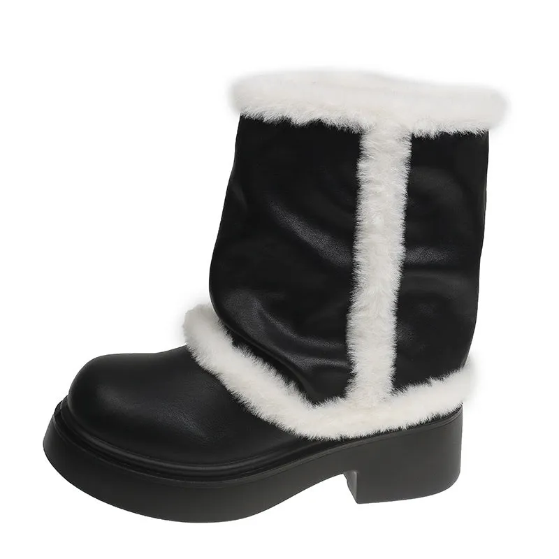 Women's winter faux fur lined short ankle booties with thick bottom and plush trim in black and brown