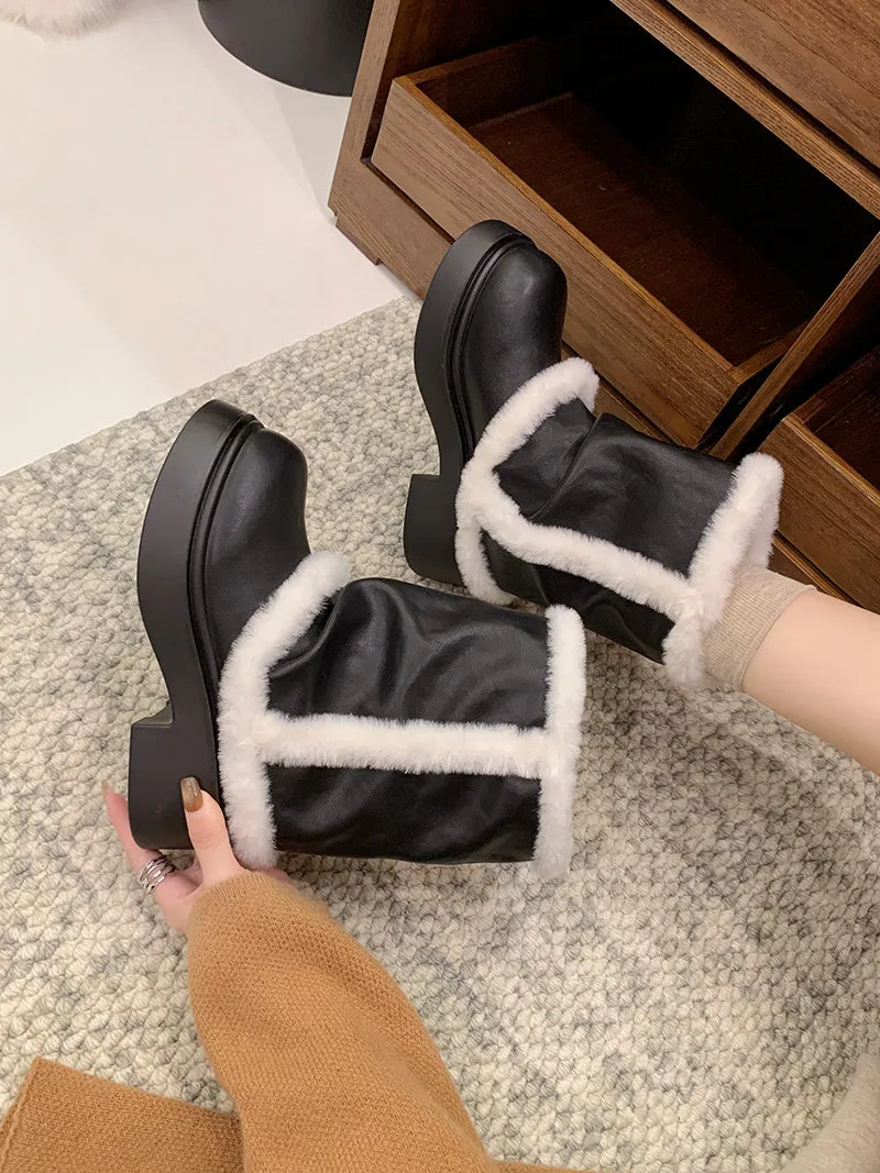 Women's winter faux fur lined short ankle booties with thick bottom and plush trim in black and brown