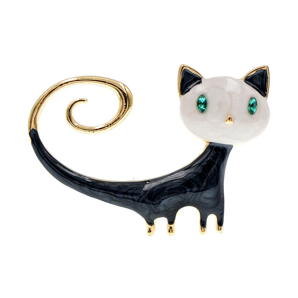Painted tail-up kitten brooch in white or orange colour on alloy background