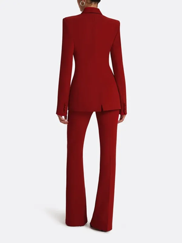 Red double-breasted blazer and matching trousers two-piece suit set with notch lapel and long sleeves