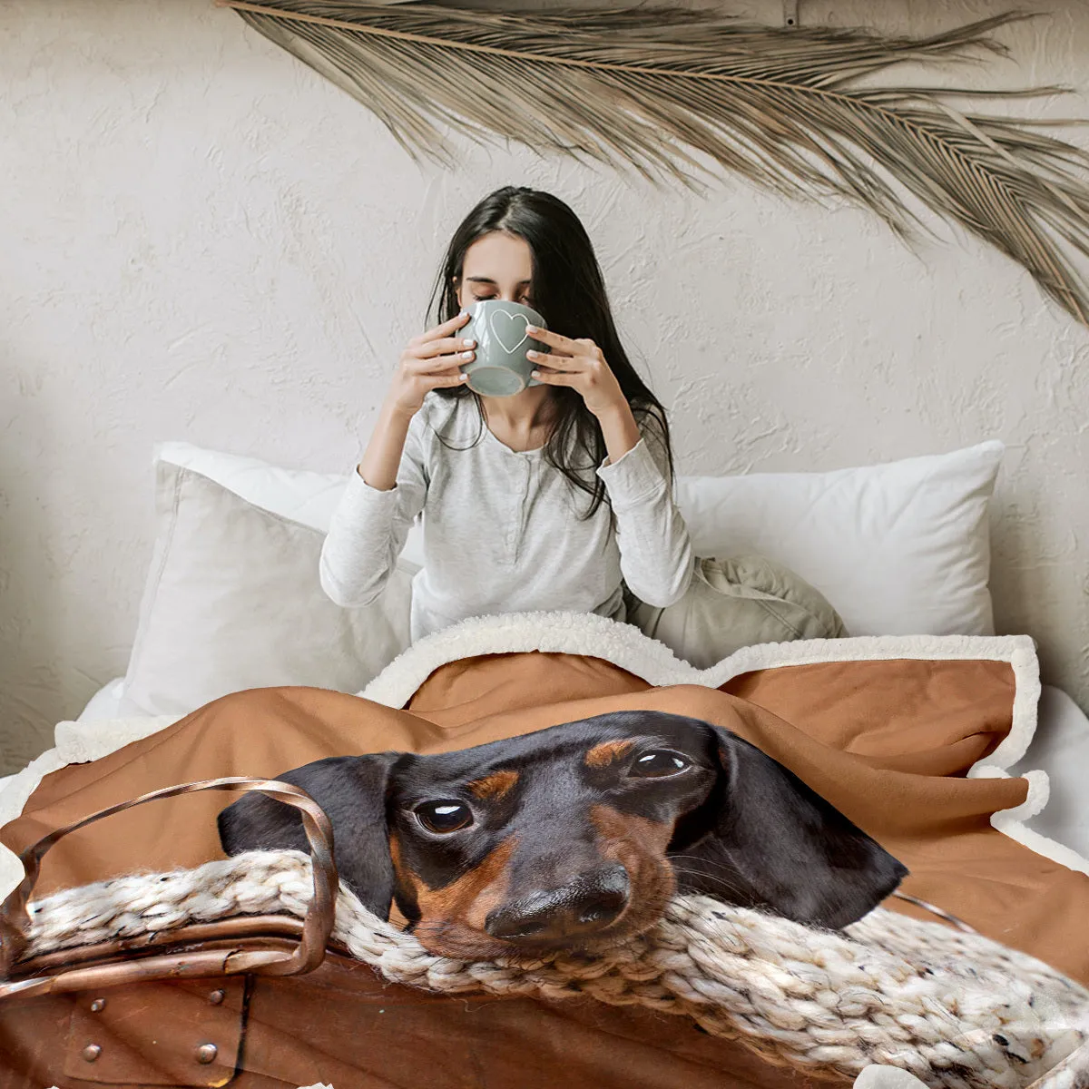 Brown sausage dog themed lamb wool blanket folded on a sofa, 130x150cm size