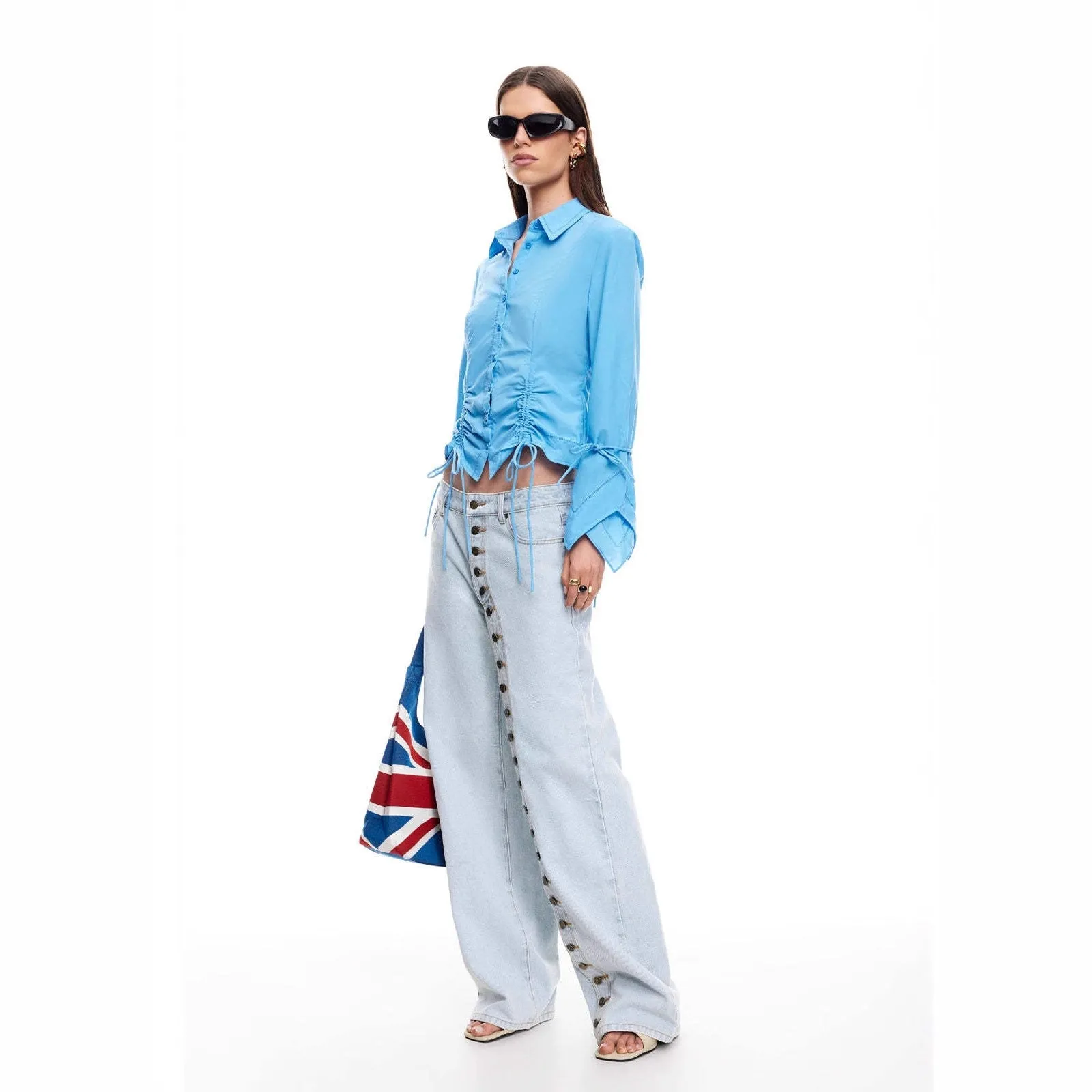 Multi-button straight leg women's jeans in blue cotton denim stone washed finish