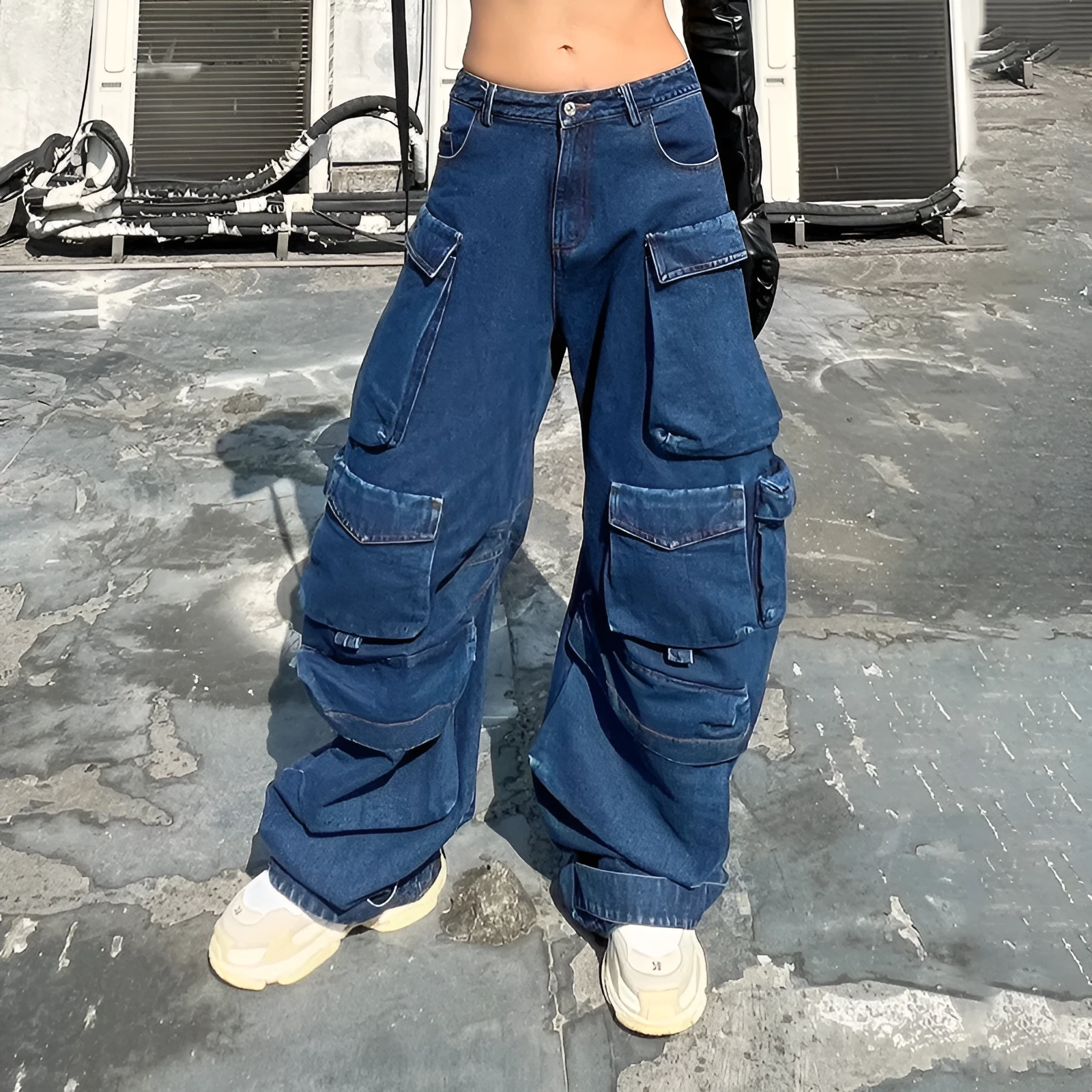 Dark blue distressed wide-leg jeans with high waist and multiple pockets