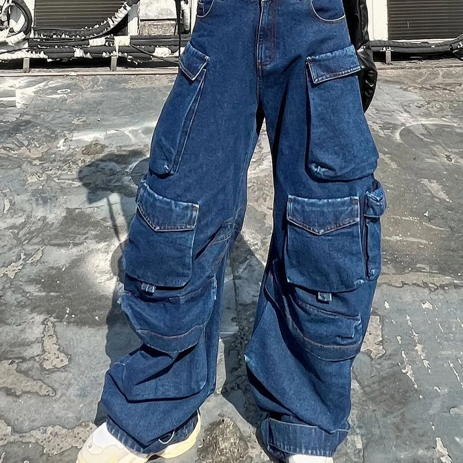 Dark blue distressed wide-leg jeans with high waist and multiple pockets