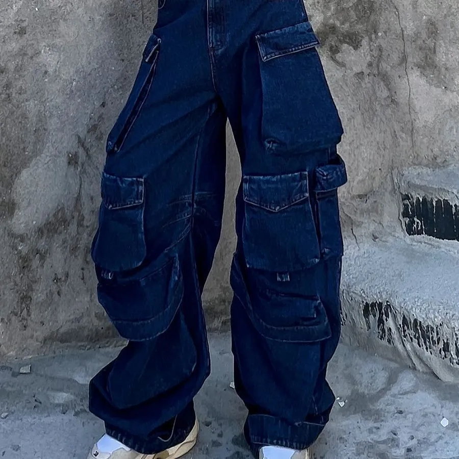 Dark blue distressed wide-leg jeans with high waist and multiple pockets