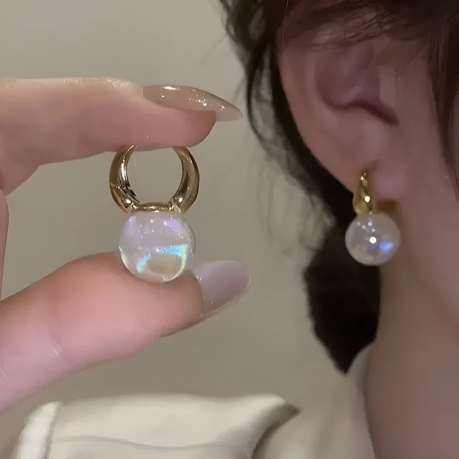 Mermaid pearl earrings for women, 14K gold plated copper U-shaped drop earrings with white pearl accent