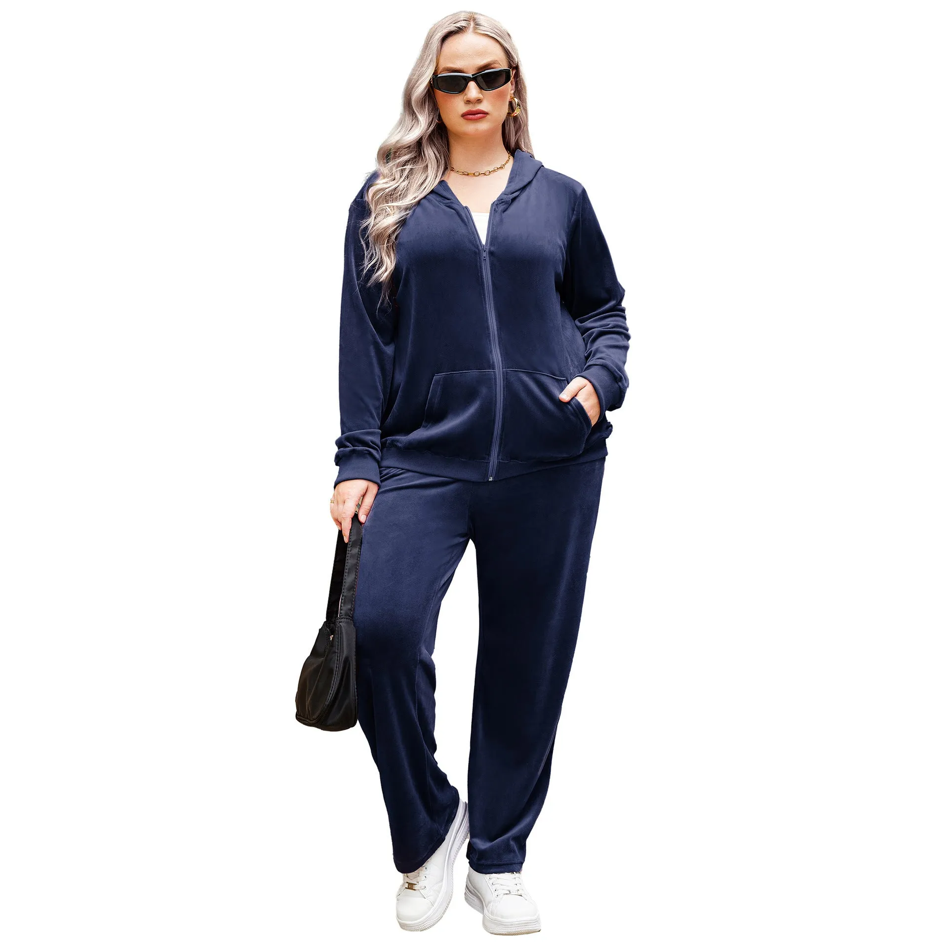 Plus size women's sports hooded tracksuit set in dark purple with long sleeves and full-length trousers, autumn winter style