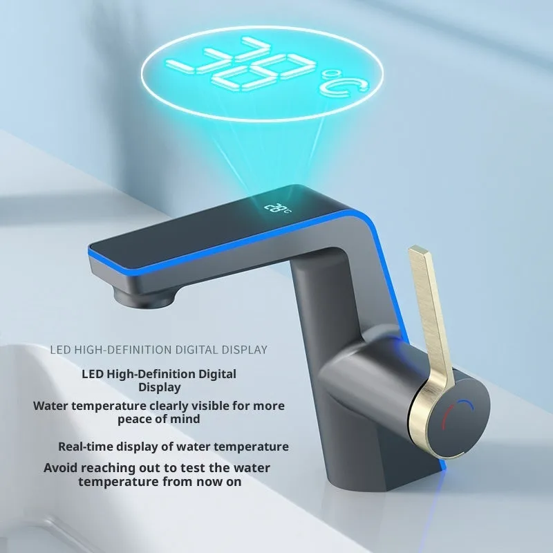 Intelligent digital display basin faucet with tropical ambience light in gun gray zinc alloy with 80cm inlet pipe
