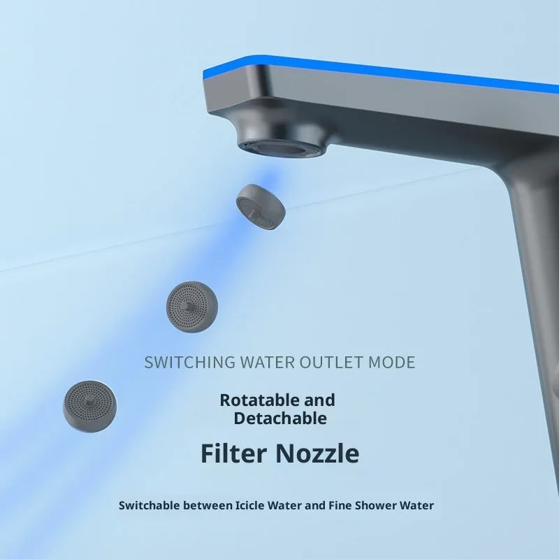 Intelligent digital display basin faucet with tropical ambience light in gun gray zinc alloy with 80cm inlet pipe