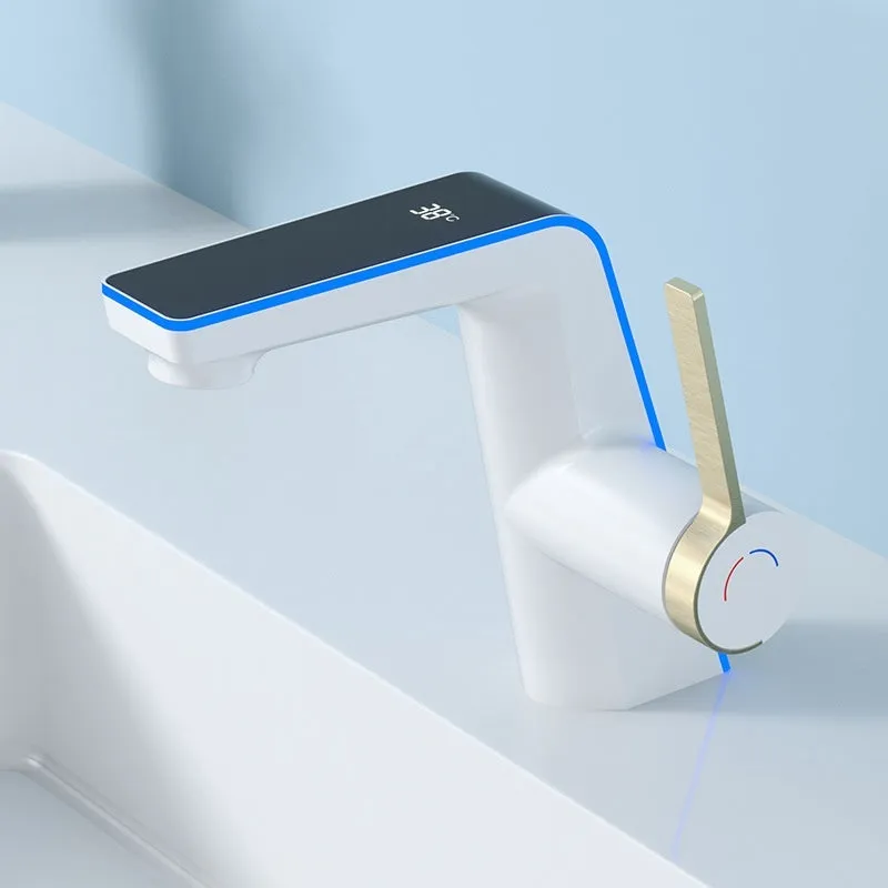 Intelligent digital display basin faucet with tropical ambience light in gun gray zinc alloy with 80cm inlet pipe