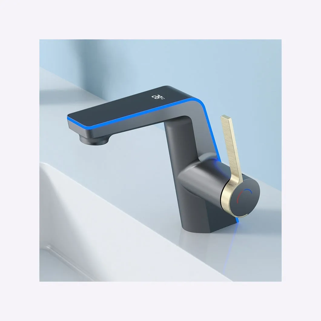 Intelligent digital display basin faucet with tropical ambience light in gun gray zinc alloy with 80cm inlet pipe