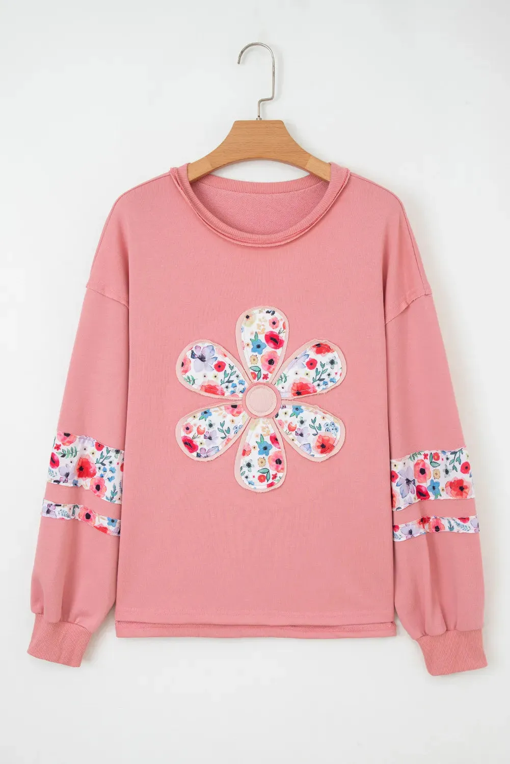 Peach Blossom pink floral applique baggy pullover sweatshirt for women loose fit long sleeves