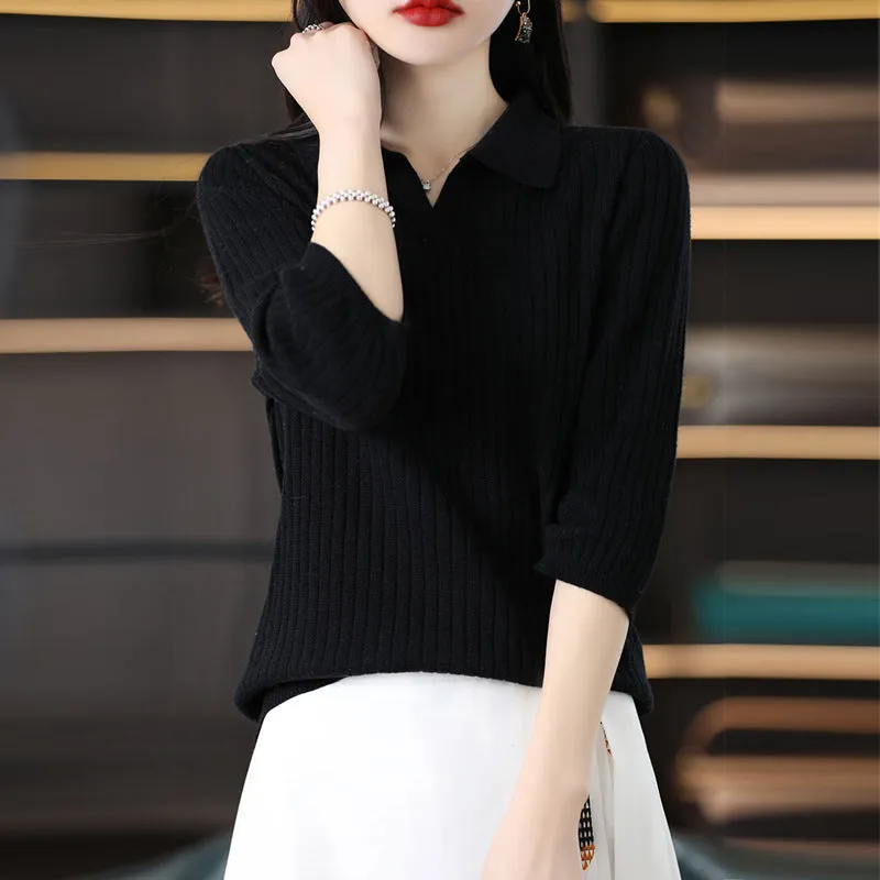 Women's loose striped polyester inner sweater pullover in camel