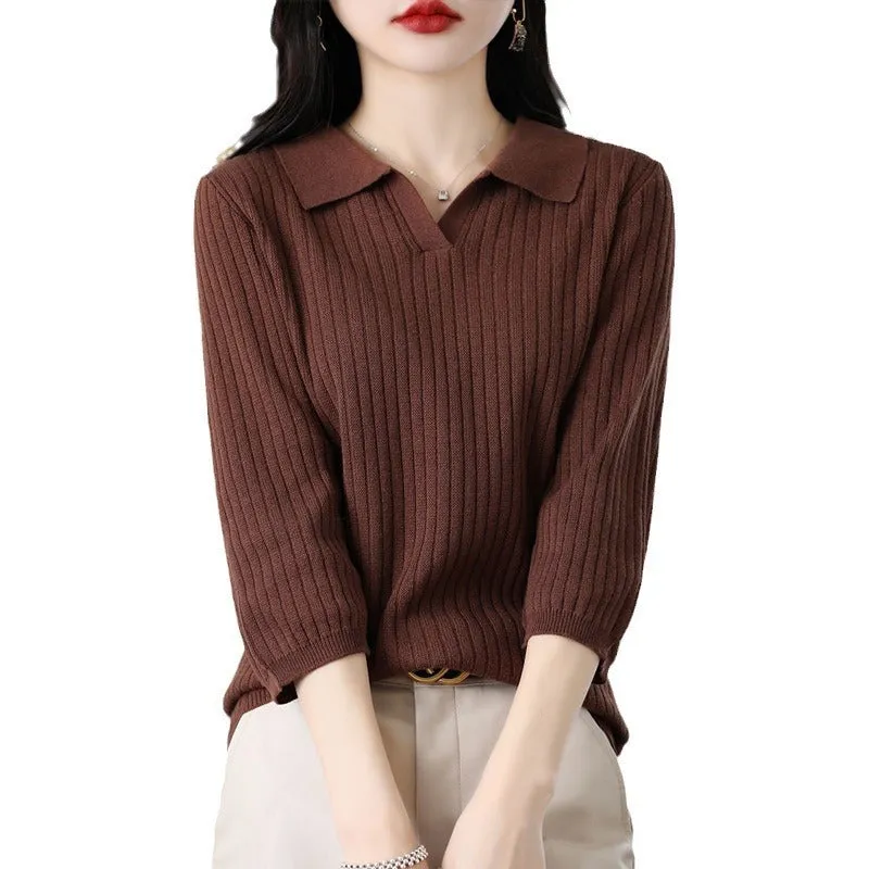 Women's loose striped polyester inner sweater pullover in camel