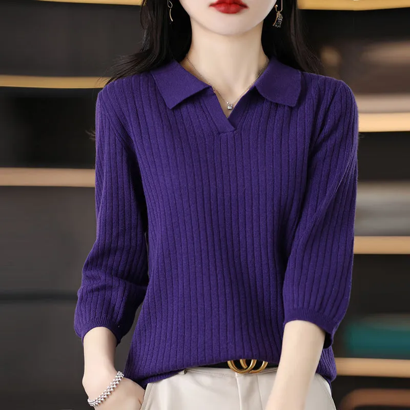 Women's loose striped polyester inner sweater pullover in camel