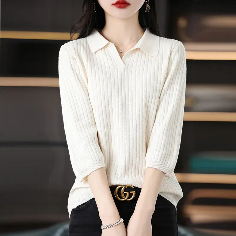 Women's loose striped polyester inner sweater pullover in camel