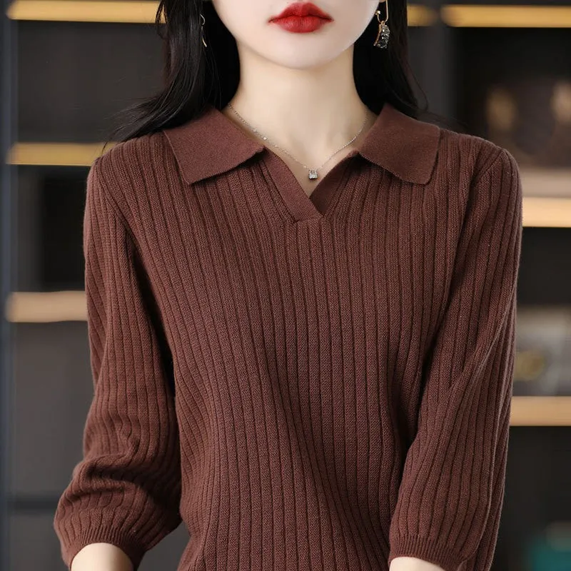 Women's loose striped polyester inner sweater pullover in camel